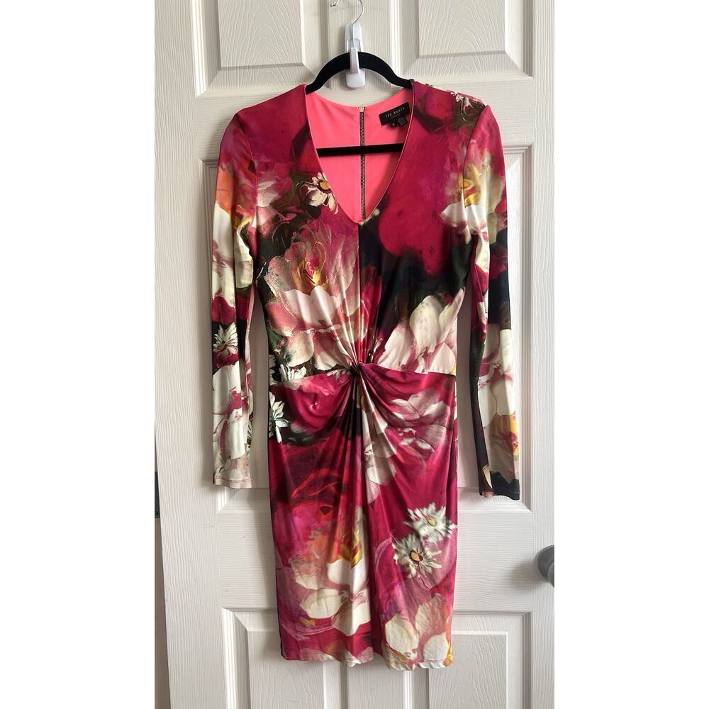 TED BAKER Tammar Knotted Waist Floral Rose On Canvas Stretch Dress Sz 2 US 6 - Picture 4 of 15